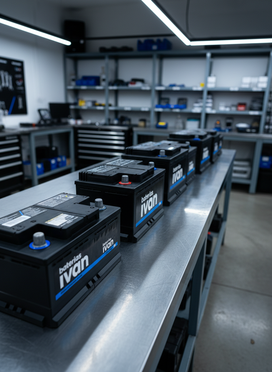 A neatly arranged display of high-performance car batteries in varying sizes, all with the bold, modern “baterias ivan” branding clearly visible on the labels. The batteries sit on a clean, dark metallic workbench inside a well-organized automotive service bay. Cool, diffused overhead LED lighting creates crisp reflections on the plastic casings and metal terminals, casting precise, professional shadows. In the softly blurred background, shelves with organized tools and diagnostic equipment hint at expert service. Captured at eye level with a slight angle and moderate depth of field, the focus is sharp on the front row of batteries. The photographic realism and clean, modern aesthetic convey reliability, professionalism, and technical excellence.